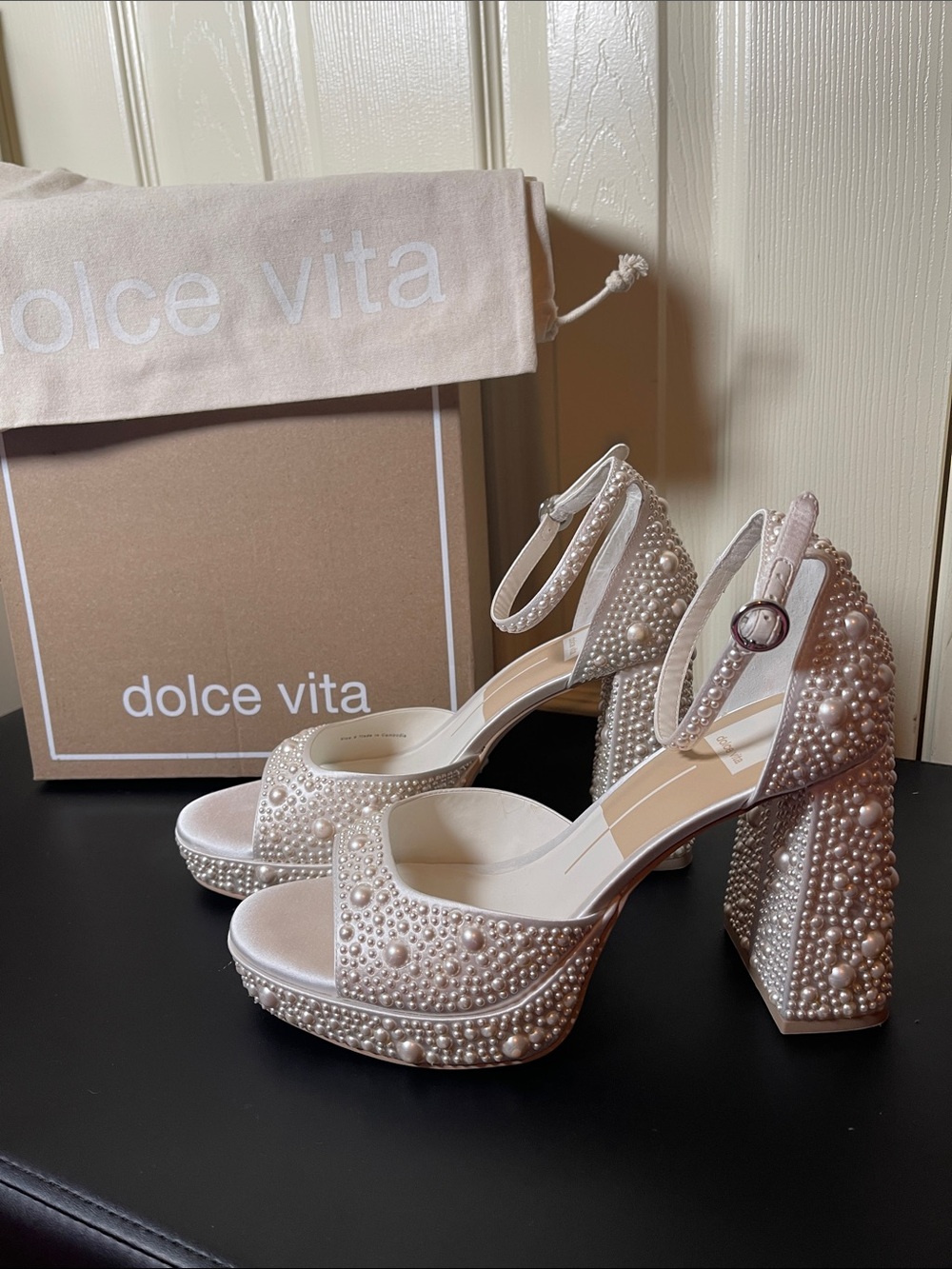 Dolce Vita Pearl-Studded Platform Sandals in White satin.